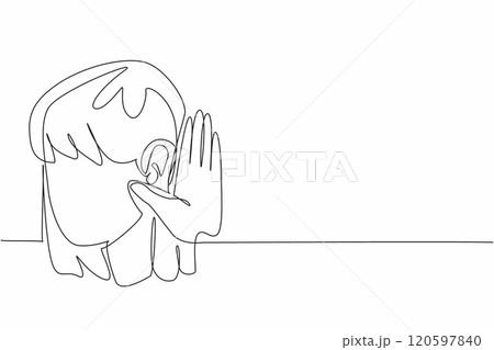 Single continuous line drawing woman holding her ear. Concentration required to hear. Avoiding miscommunication. Listen intently. Focus. Gesture. World Hearing Day. One line design vector illustration 120597840