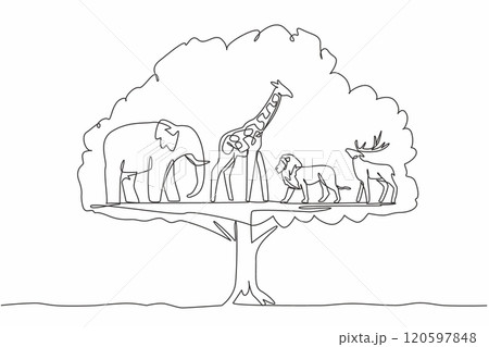 Single one line drawing in the leaves of the big tree there are giraffe, elephant, deer and lion. Eternity in the shady tree. Balance. World Wildlife Day. Continuous line design graphic illustration Single one line drawing in the leaves of the big tree there are giraffe, elephant, deer and lion. Eternity in the shady tree. Balance. World Wildlife Day. Continuous line design graphic illustration 120597848