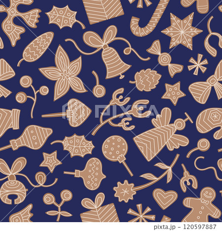 Christmas gingerbread cookies seamless pattern. Traditional holiday bakery sweets for kids. Background for wrapping paper, card, gift box. Christmas gingerbread cookies seamless pattern. Traditional holiday bakery sweets for kids. Background for wrapping paper, card, gift box. 120597887
