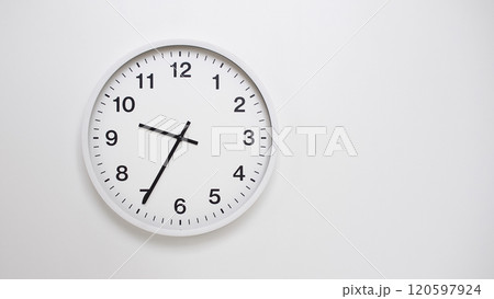 Clean White Clock at 09.35 or 21.35 on Minimalist White Background - Ideal for Time Concepts and Modern Design 120597924