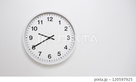 Clean White Clock at 09.40 or 21.40 on Minimalist White Background - Ideal for Time Concepts and Modern Design 120597925