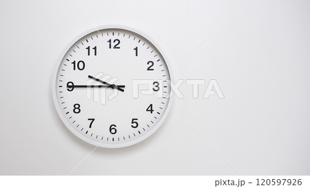 Clean White Clock at 09.45 or 21.45 on Minimalist White Background - Ideal for Time Concepts and Modern Design 120597926