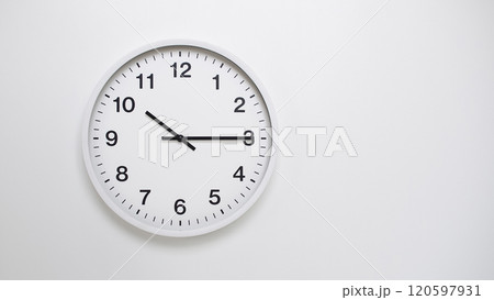 Clean White Clock at 10.15 or 22.15 on Minimalist White Background - Ideal for Time Concepts and Modern Design 120597931