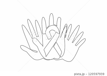 Continuous one line drawing three overlapping palms in campaign colors. Collective strength. Resilience. Hope. Support. Empathy. Unity. Rare Disease Day. Single line draw design vector illustration Continuous one line drawing three overlapping palms in campaign colors. Collective strength. Resilience. Hope. Support. Empathy. Unity. Rare Disease Day. Single line draw design vector illustration 120597939