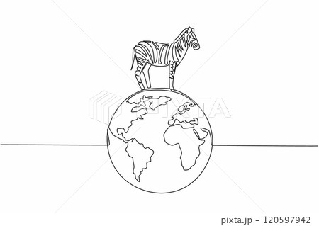 Single one line drawing globe with zebra on top. Environmental conservation is needed to keep them from becoming extinct. Good habitat. World Wildlife Day. Continuous line design graphic illustration 120597942