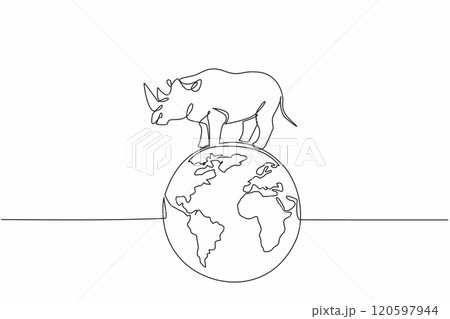 Single one line drawing globe with rhinoceros on top. Pastures must remain green, they must not be barren. Natural habitat. Conserve. World Wildlife Day. Continuous line design graphic illustration Single one line drawing globe with rhinoceros on top. Pastures must remain green, they must not be barren. Natural habitat. Conserve. World Wildlife Day. Continuous line design graphic illustration 120597944