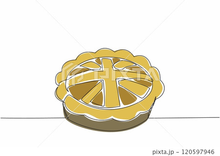 Single continuous line drawing Great Britain flag shaped pie surface in a round pan. The golden brown color invites anyone to try it. Celebration. British Pie Week. One line design vector illustration 120597946