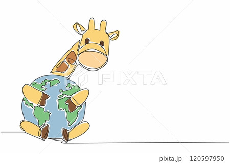 Single continuous line drawing cute giraffe hugging globe. Symbol of longing. Longing for a comfortable place before global warming. Habitat. World Wildlife Day. One line design vector illustration Single continuous line drawing cute giraffe hugging globe. Symbol of longing. Longing for a comfortable place before global warming. Habitat. World Wildlife Day. One line design vector illustration 120597950