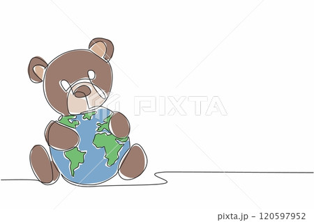 Single continuous line drawing cute bear hugs globe. Sit and hug with love. Missing the nature that was once comfortable. Conservation global. World Wildlife Day. One line design vector illustration 120597952