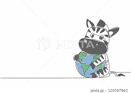 Single continuous line drawing cute zebra hugging globe. The vast and green grassland is the best place for them. Prevent them from extinction. World Wildlife Day. One line design vector illustration Single continuous line drawing cute zebra hugging globe. The vast and green grassland is the best place for them. Prevent them from extinction. World Wildlife Day. One line design vector illustration 120597963