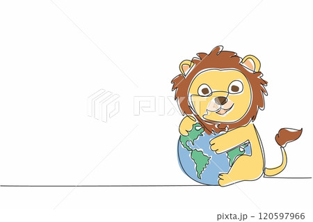 Single one line drawing cute lion hugging globe. Stop destroying nature. For sake of sustainability of the food chain. Avoid extinction World Wildlife Day. Continuous line design graphic illustration Single one line drawing cute lion hugging globe. Stop destroying nature. For sake of sustainability of the food chain. Avoid extinction World Wildlife Day. Continuous line design graphic illustration 120597966
