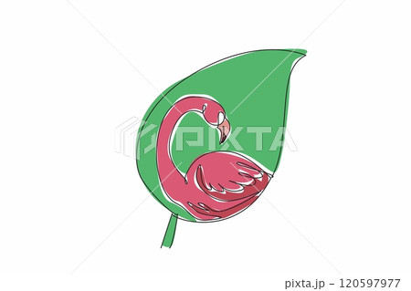 Single continuous line drawing flamingo head and body in the middle of the leaf. Do not disturb the balance of nature. Let it grow and develop. World Wildlife Day. One line design vector illustration 120597977