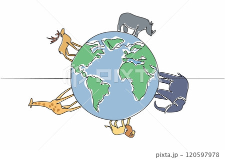 Continuous one line drawing giraffes, elephants, deer, lions, rhinoceros surround globe. Diversity of animals on this beautiful earth. World Wildlife Day. Single line draw design vector illustration 120597978