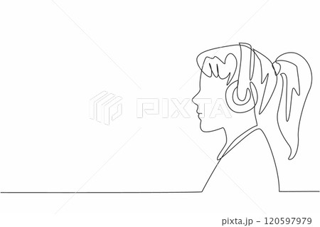 Continuous one line drawing woman wearing headphones. Seriously listening. Seriously will forget the heavy problem. Relax. Healing. World Music Therapy Day. Single line draw design vector illustration 120597979