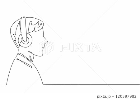 Continuous one line drawing man wearing headphones. Focus on listening. Focus on listening. Music unravels problems. Calming. World Music Therapy Day. Single line draw design vector illustration Continuous one line drawing man wearing headphones. Focus on listening. Focus on listening. Music unravels problems. Calming. World Music Therapy Day. Single line draw design vector illustration 120597982