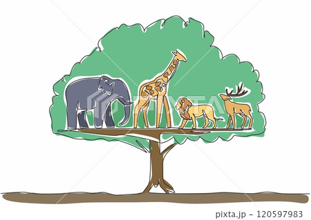 Single one line drawing in the leaves of the big tree there are giraffe, elephant, deer and lion. Eternity in the shady tree. Balance. World Wildlife Day. Continuous line design graphic illustration 120597983