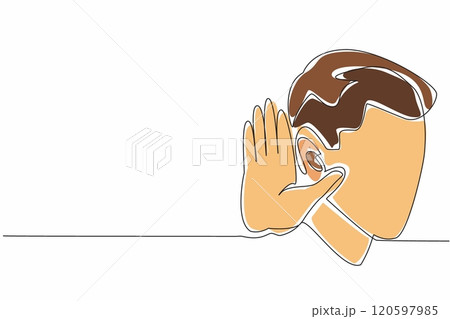 Continuous one line drawing man holding ear. Listening on conversation. Desire to gather information. The desire to find out anything. World Hearing Day. Single line draw design vector illustration 120597985