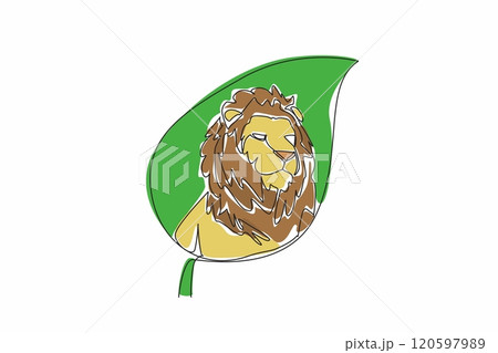 Single one line drawing lion head in the middle of the leaf. A ferocious beast with fangs. Top of the food chain. Hunting for survival. World Wildlife Day. Continuous line design graphic illustration Single one line drawing lion head in the middle of the leaf. A ferocious beast with fangs. Top of the food chain. Hunting for survival. World Wildlife Day. Continuous line design graphic illustration 120597989