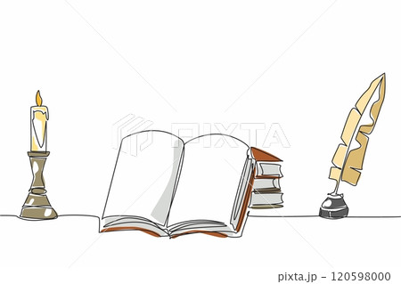 Single continuous line drawing a burning candle in a candlestick. Old style of learning and writing. Increasing knowledge. Education. Writing. World Candle Day. One line design vector illustration 120598000