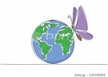 Single one line drawing globe infested with big butterfly. A symbol of hope and transformation. Delicate dance of global harmony. Zero Discrimination Day. Continuous line design graphic illustration Single one line drawing globe infested with big butterfly. A symbol of hope and transformation. Delicate dance of global harmony. Zero Discrimination Day. Continuous line design graphic illustration 120598009