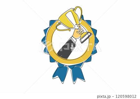 Single continuous line drawing a hand holding a trophy. A brilliant career. Full of awards. Achievement for exceptional performance. Employee Appreciation Day. One line design vector illustration 120598012