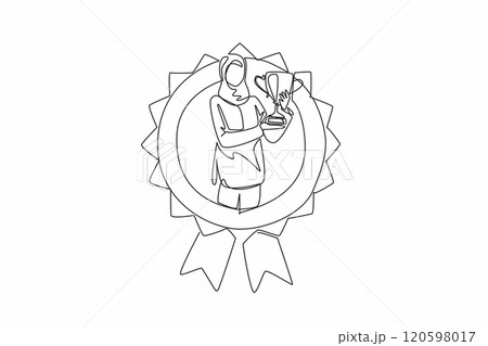 Continuous one line drawing Arab woman holding trophy. Triumphant pose. Determination. Achievements. Resilience of human spirit. Employee Appreciation Day. Single line draw design vector illustration Continuous one line drawing Arab woman holding trophy. Triumphant pose. Determination. Achievements. Resilience of human spirit. Employee Appreciation Day. Single line draw design vector illustration 120598017
