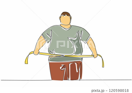 Single one line drawing obese man wrapped in measuring tape. The stomach is swollen and sagging. Maintain a diet. Increase exercise. World Obesity Day. Continuous line design graphic illustration Single one line drawing obese man wrapped in measuring tape. The stomach is swollen and sagging. Maintain a diet. Increase exercise. World Obesity Day. Continuous line design graphic illustration 120598018