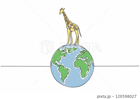 Single continuous line drawing globe with giraffe on top. Preserve forests and savannas. Stop illegal logging. Natural habitat. Biodiversity. World Wildlife Day. One line design vector illustration 120598027