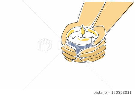 Continuous one line drawing two hands holding a lit candles. Light and guidance. Provide care, protection, and support for loved ones. World Candle Day. Single line draw design vector illustration Continuous one line drawing two hands holding a lit candles. Light and guidance. Provide care, protection, and support for loved ones. World Candle Day. Single line draw design vector illustration 120598031