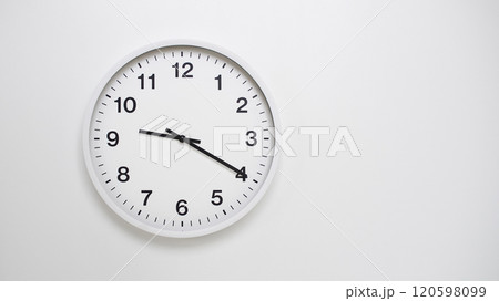 Clean White Clock at 09.20 or 21.20 on Minimalist White Background - Ideal for Time Concepts and Modern Design Clean White Clock at 09.20 or 21.20 on Minimalist White Background - Ideal for Time Concepts and Modern Design 120598099