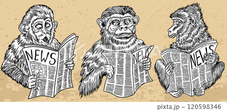 Design set with vector illustrations of cartoon funny monkeys surprised to read the news against textured background. Clip art of animals reading a newspaper. Hand drawn engraved comic artworks  120598346