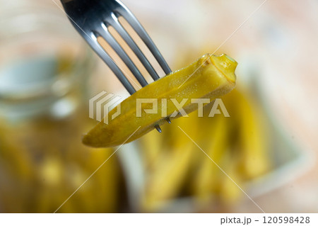 Homemade organic marinated pickled okra 120598428