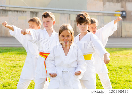 Group of focused schoolchildren practicing karate at park 120598433