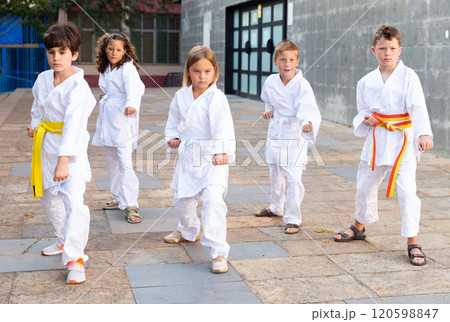 Kids in kimono doing kata moves 120598847