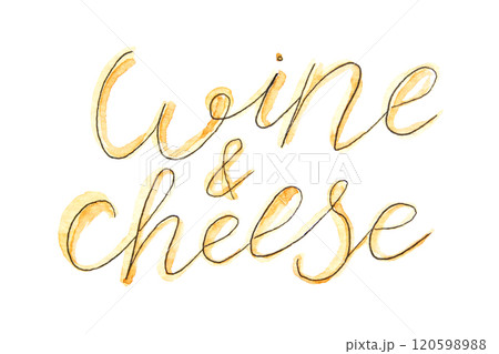 Elegant hand-drawn wine and cheese text illustration with watercolor brushstroke 120598988