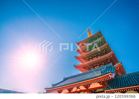 日本の東京都市景観　輝く時代へ…青空が広がる東京。太陽光を浴びる浅草寺の五重塔などを望む＝25日 120599366