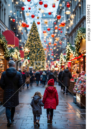 A couple of people walking down a street with a child holding hands 120599472