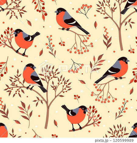 Seamless pattern with bullfinches, twigs and berries. Vector graphics. Seamless pattern with bullfinches, twigs and berries. Vector graphics. 120599989