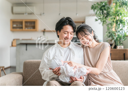 赤ちゃんと出産後の育児休暇を過ごす若い夫婦・親子・家族・ファミリー 赤ちゃんと出産後の育児休暇を過ごす若い夫婦・親子・家族・ファミリー 120600123