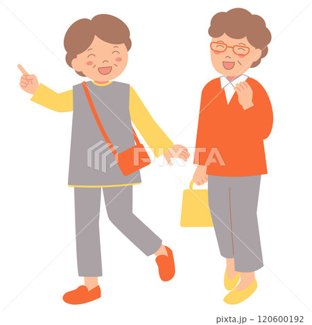 おでかけするシニア女性2人セット 120600192