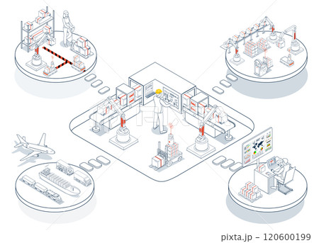 Logistics Supply Chain Management concept with Procurement, Manufacturing, Storage, Information Technology, Distribution and Transportation. Vector illustration eps10 120600199