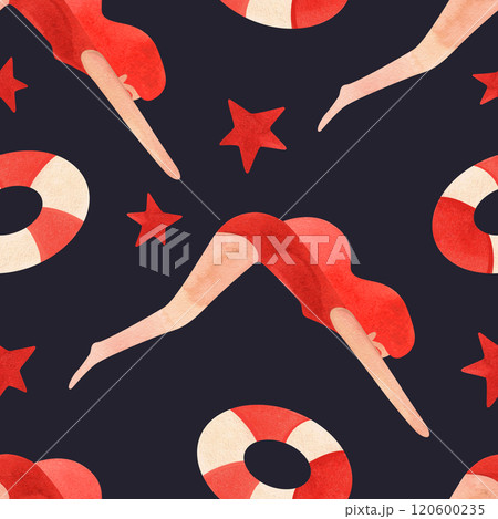 Women's diving. Vintage style. Seamless watercolor pattern, hand drawn. Black background Women's diving. Vintage style. Seamless watercolor pattern, hand drawn. Black background 120600235