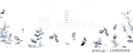 水彩画。水彩タッチのモノクロの草木植物ベクターイラスト。草木の高級感あるイメージ背景。モノクロの草木 120600269