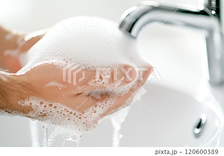 モダンなシンクの下で泡立つ石鹸で手を洗う 120600389