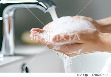 モダンなシンクの下で泡立つ石鹸で手を洗う 120600392