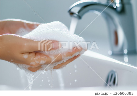 モダンなシンクの下で泡立つ石鹸で手を洗う 120600393