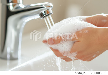 モダンなシンクの下で泡立つ石鹸で手を洗う 120600396