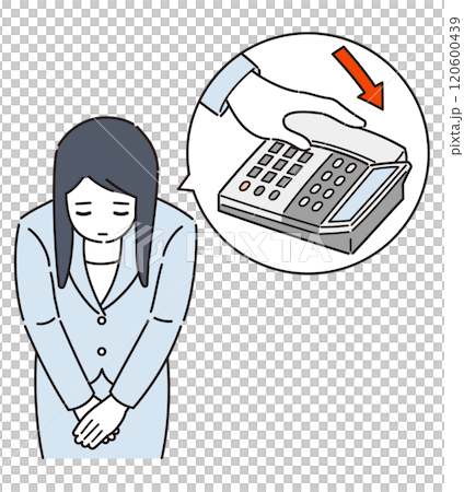 電話を切ることに謝罪する女性スタッフ 120600439