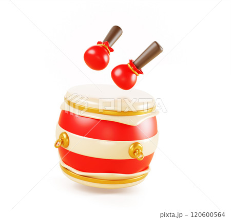 3d drum with sticks cartoon render icon. Chinese red gold musical instrument for asian New Year celebration, theatre or dance performance. Isolated music child game, cute baby toy. 3D illustration 120600564