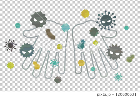 風邪・インフルエンザ・食中毒感染予防手洗いベクターイラスト ばい菌 ウイルス  水彩風 かわいい  120600631